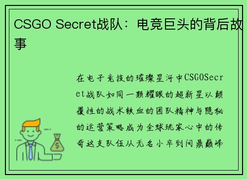 CSGO Secret战队：电竞巨头的背后故事