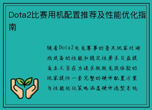 Dota2比赛用机配置推荐及性能优化指南