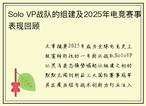 Solo VP战队的组建及2025年电竞赛事表现回顾